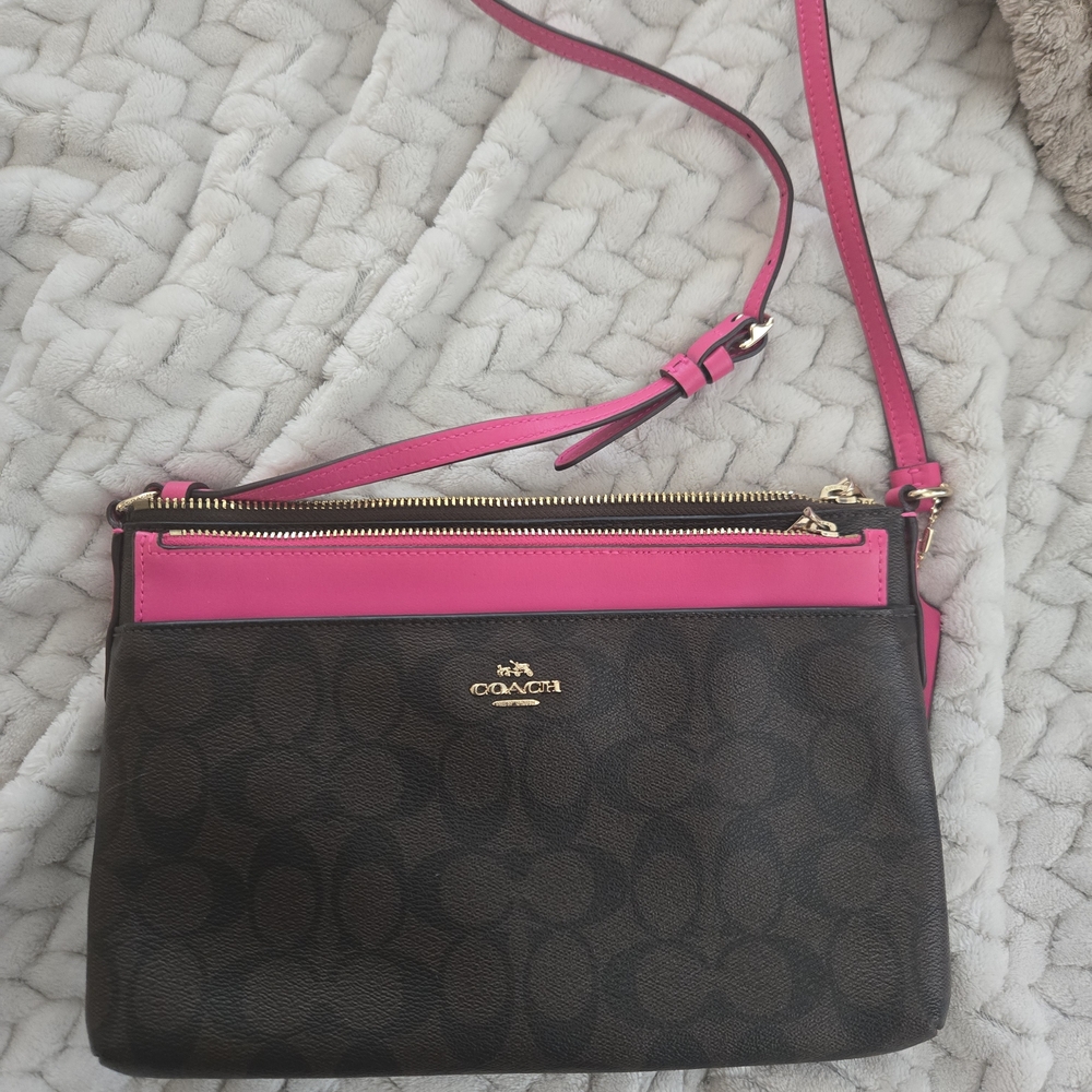 Coach Brown Monogram Crossbody with Hot Pink Trim